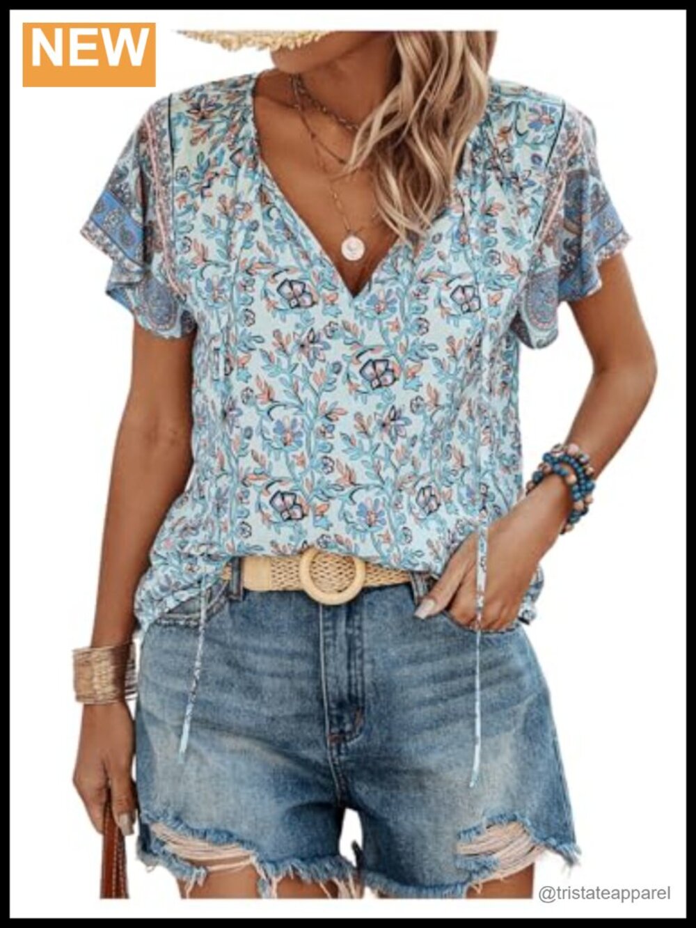 Boho Floral Tie Neck Blouse Ruffle Sleeve Asymmetrical Hem Women's Vacation Top